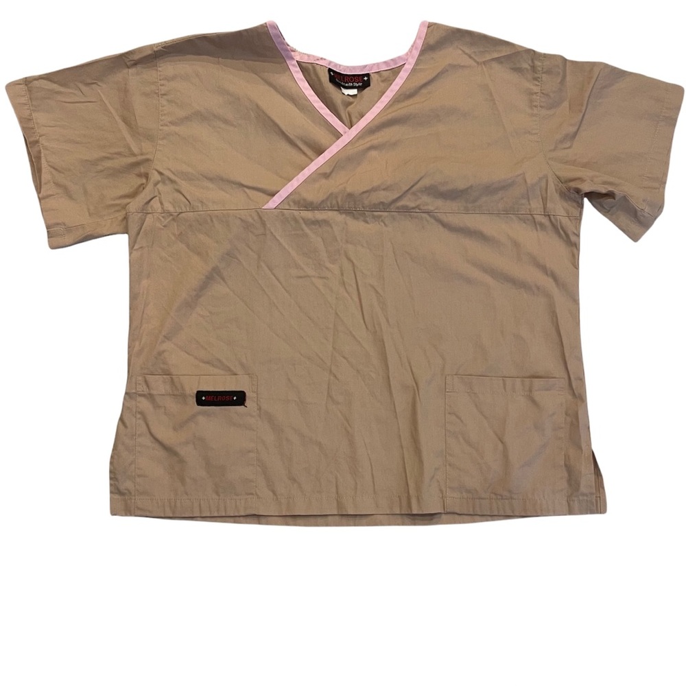 Melrose Scrubs Short Sleeves Tan with Pink Trim Scrubs Top V-Neck Size XL